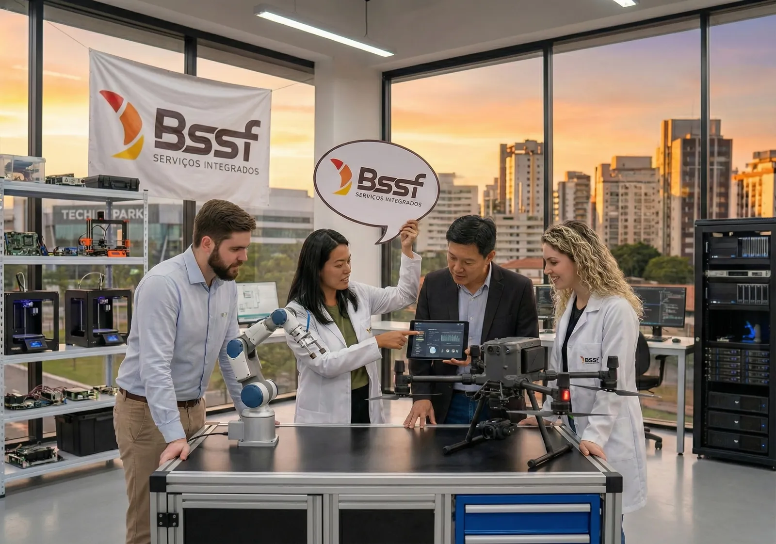 Profissionais da BSSF em um laboratório de tecnologia analisam um drone e um braço robótico em uma bancada