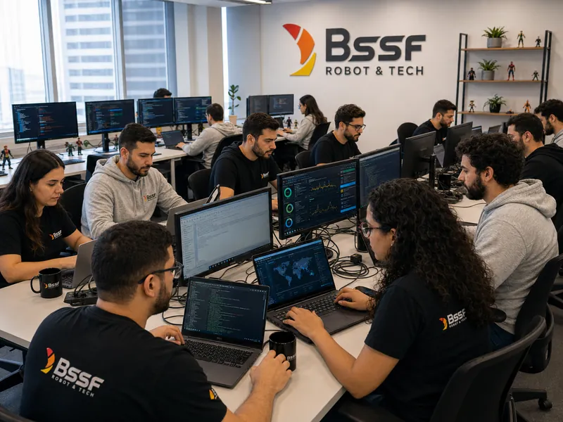 Equipe de tecnologia de camiseta preta trabalhando em notebooks e monitores em um escritório com o logo BSSF Robot & Tech