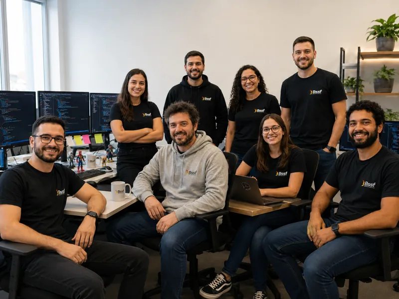Grupo de nove integrantes da equipe de tecnologia sorrindo em seu escritório